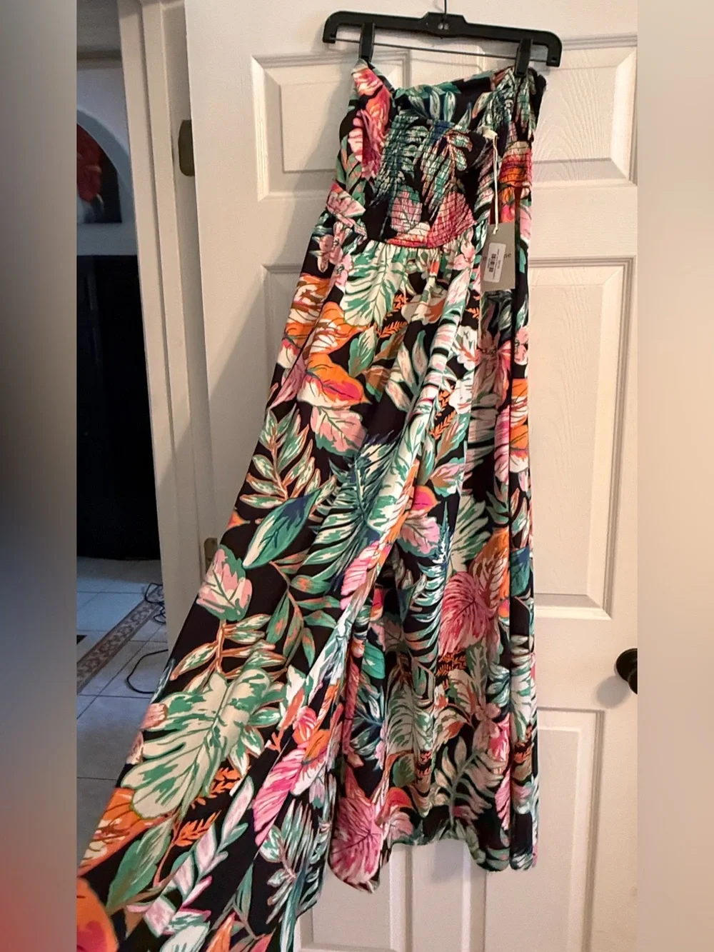 Tropical Strapless Jumpsuit - Black with Multicolor Floral Print